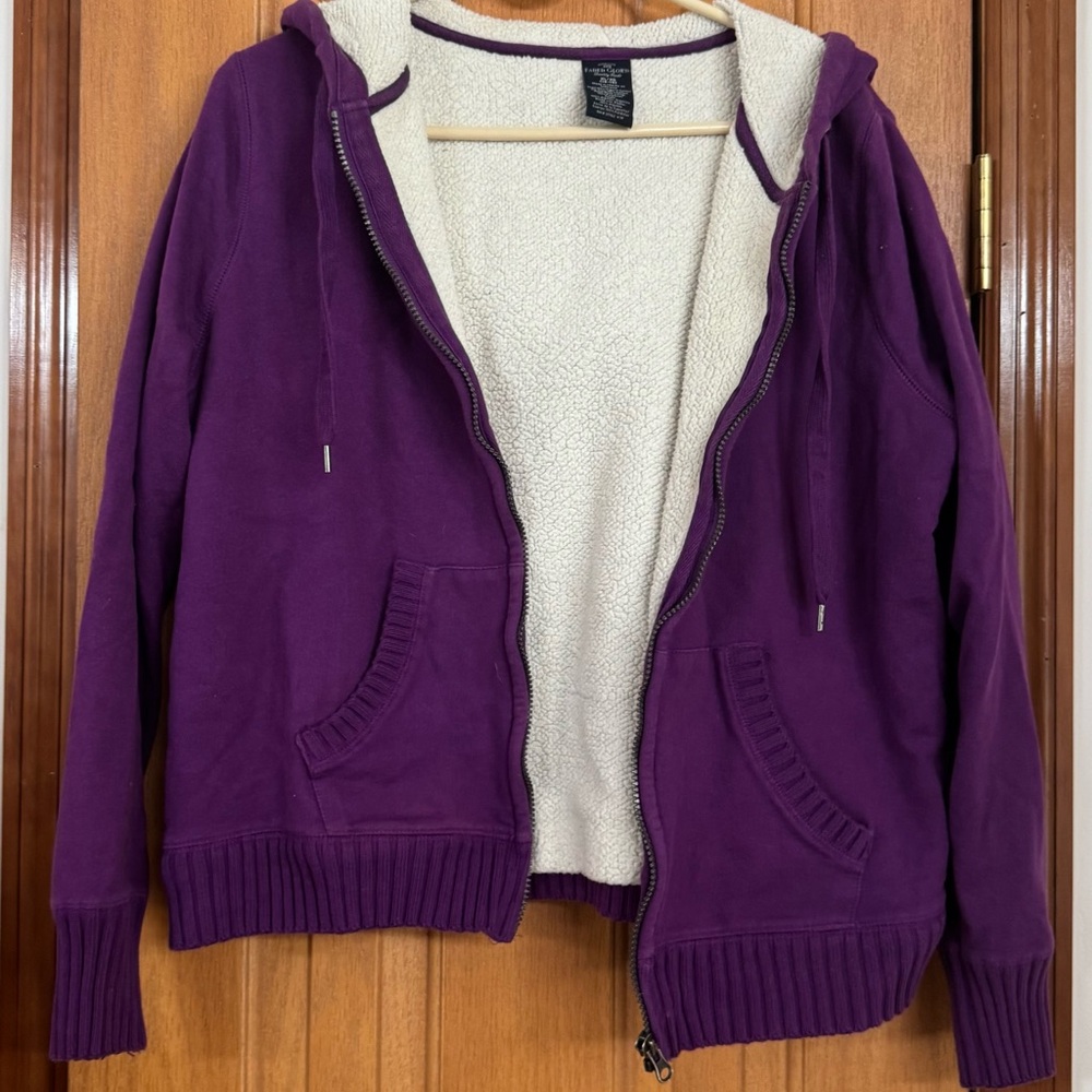 Faded Glory Purple Hooded Jacket Coat with Cozy Sherpa Lining Size XL